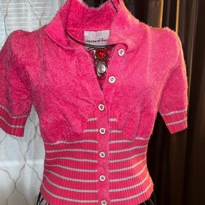 House of Sunny Pink Short-Sleeve Fuzzy Button-Up Top